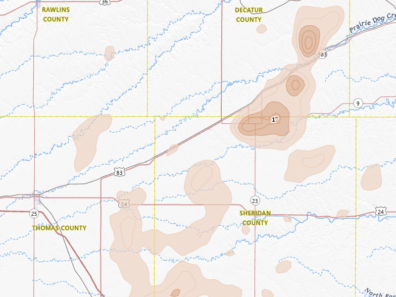 Radar-estimated hail-size map of the storm over Selden, KS on Aug 13, 2026