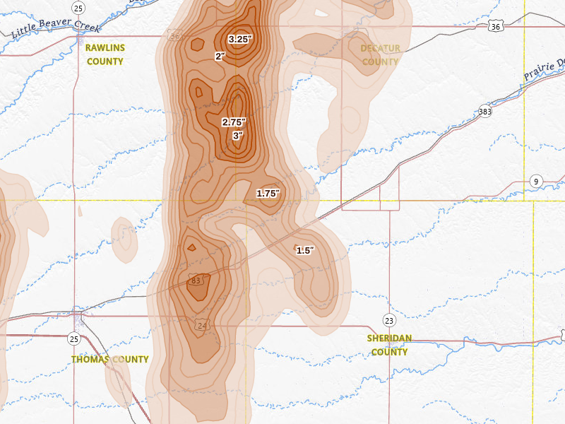 Radar-estimated hail-size map of the storm over Selden, KS on Aug 20, 2026