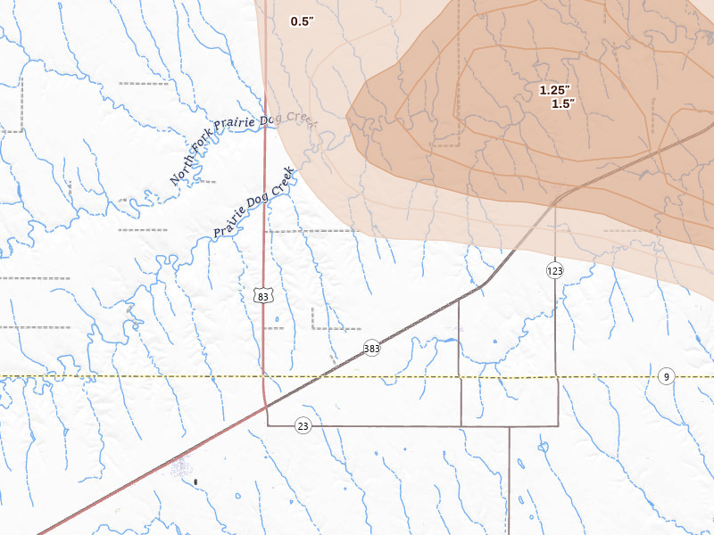 Radar-estimated hail-size map of the storm over Selden, KS on Aug 25, 2026