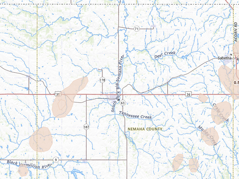 Radar-estimated hail-size map of the storm over Seneca, KS on Mar 5, 2026