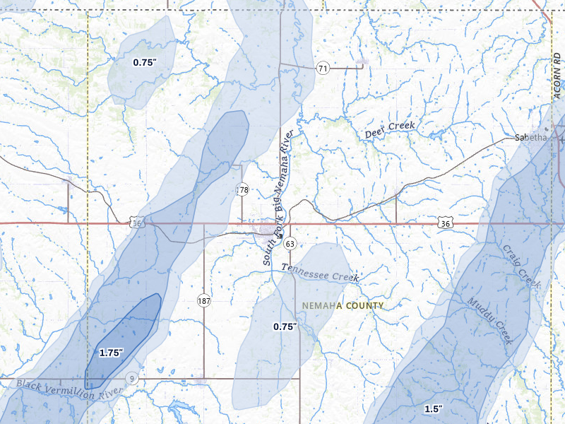 NEXRAD radar-signature map of the hail storm over Seneca, KS on Mar 5, 2026