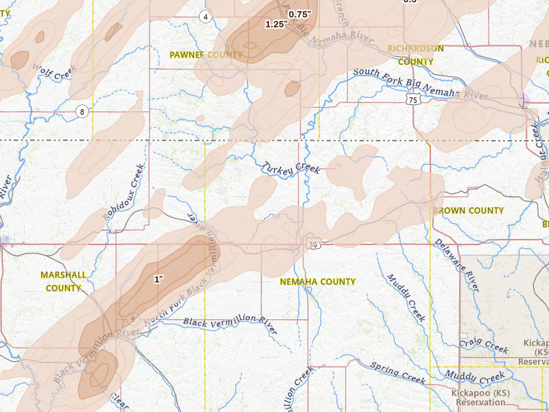 Radar-estimated hail-size map of the storm over Seneca, KS on Apr 23, 2026