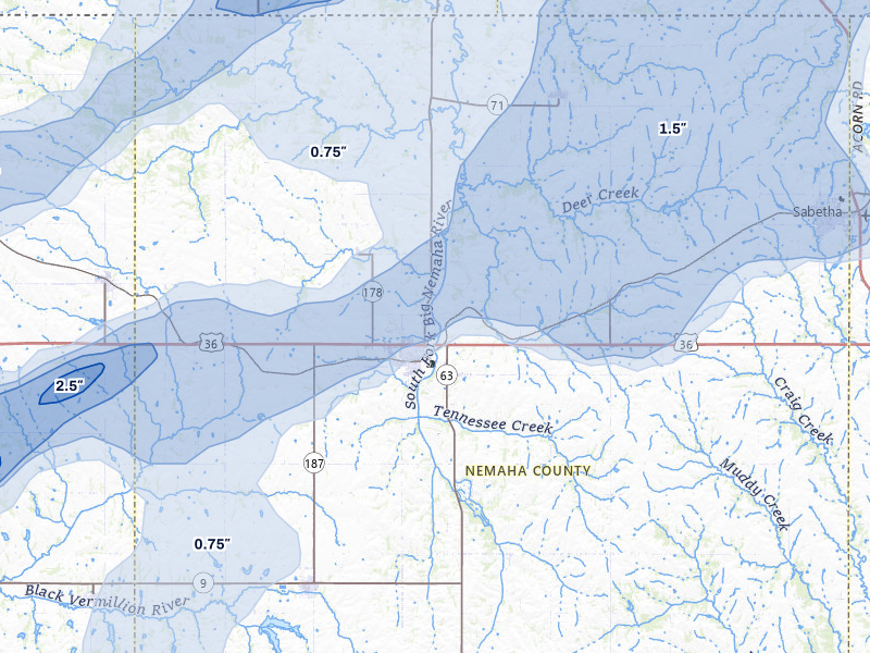 NEXRAD radar-signature map of the hail over Seneca, KS