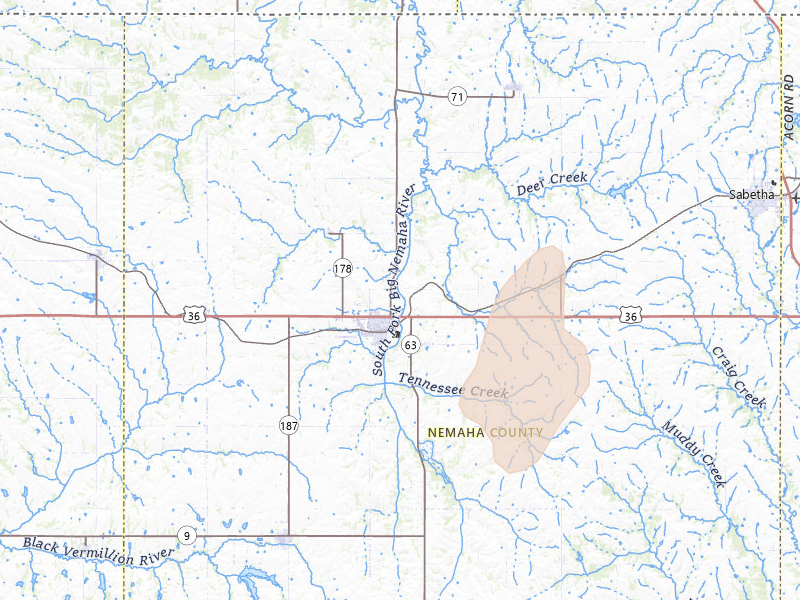 Radar-estimated hail-size map of the storm over Seneca, KS on Apr 26, 2026