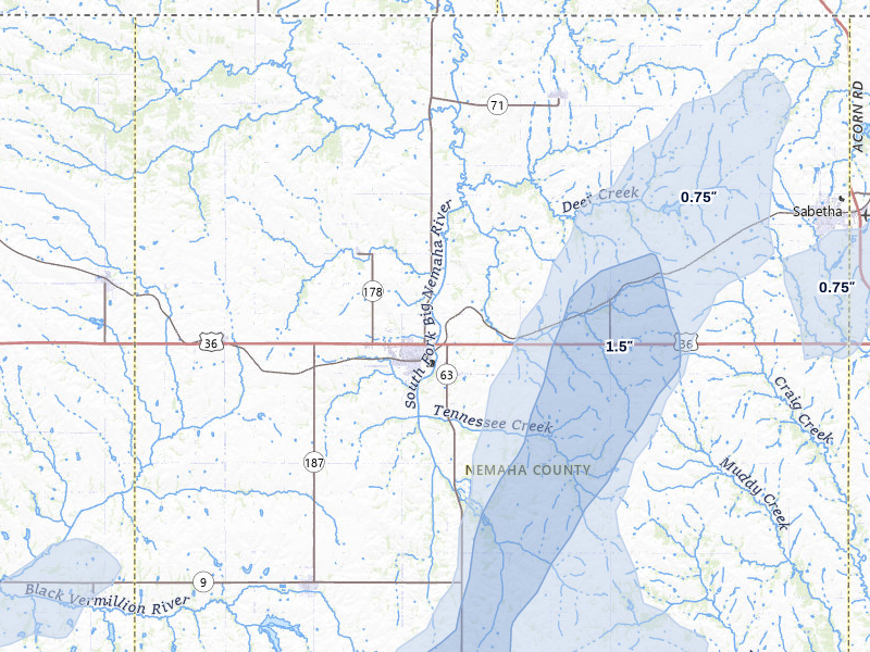 NEXRAD radar-signature map of the hail over Seneca, KS