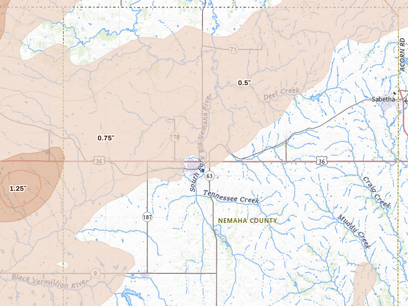Radar-estimated hail-size map of the storm over Seneca, KS on May 18, 2026
