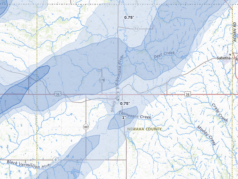 NEXRAD radar-signature map of the hail storm over Seneca, KS on May 18, 2026