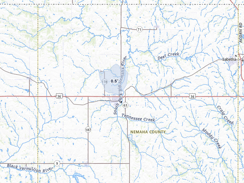 NEXRAD radar-signature map of the hail storm over Seneca, KS on May 29, 2026