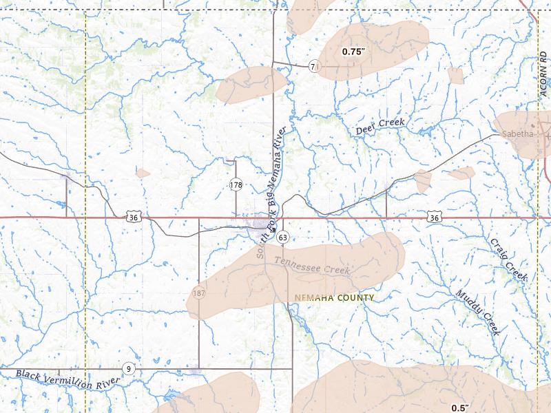 Radar-estimated hail-size map of the storm over Seneca, KS on Jun 4, 2026