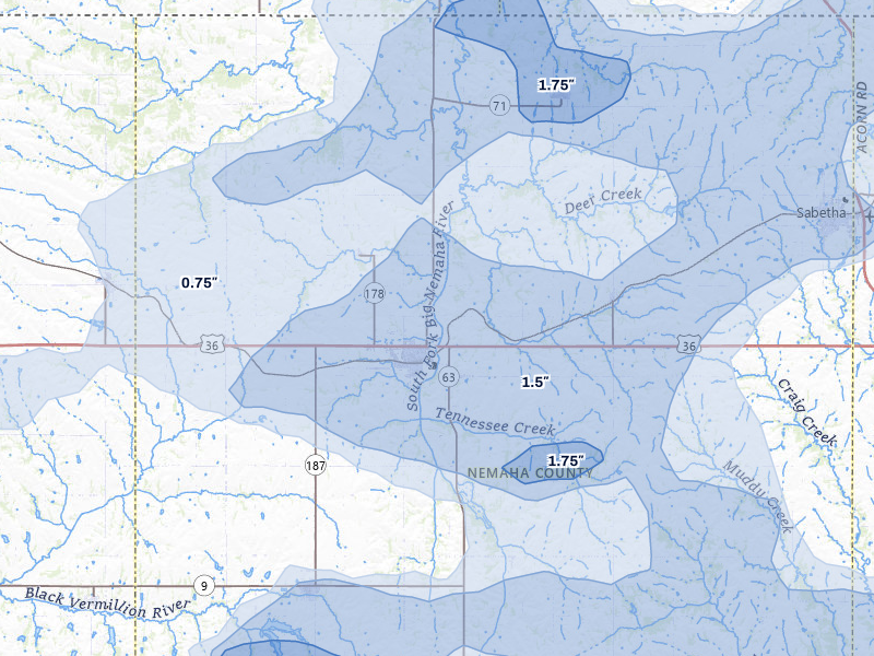 NEXRAD radar-signature map of the hail over Seneca, KS