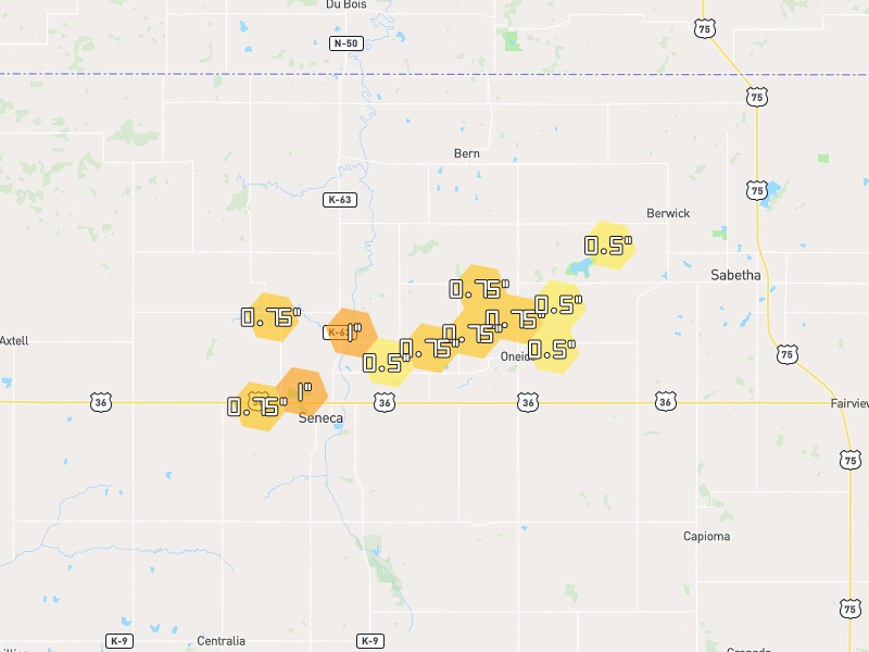 Hail map of Seneca, KS on Jun 4, 2026, hail up to 1"