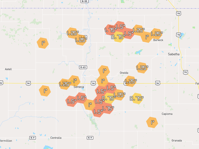 Hail map of Seneca, KS on Jun 5, 2026, hail up to 1.75"