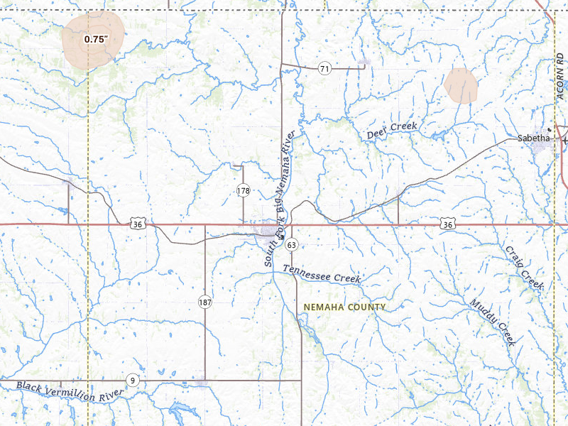 Radar-estimated hail-size map of the storm over Seneca, KS on Jun 6, 2026