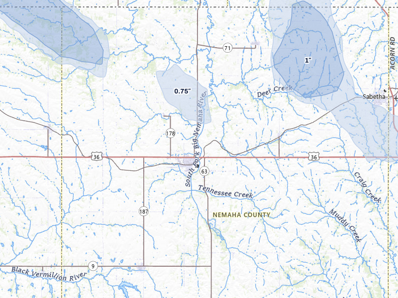 NEXRAD radar-signature map of the hail storm over Seneca, KS on Jun 6, 2026