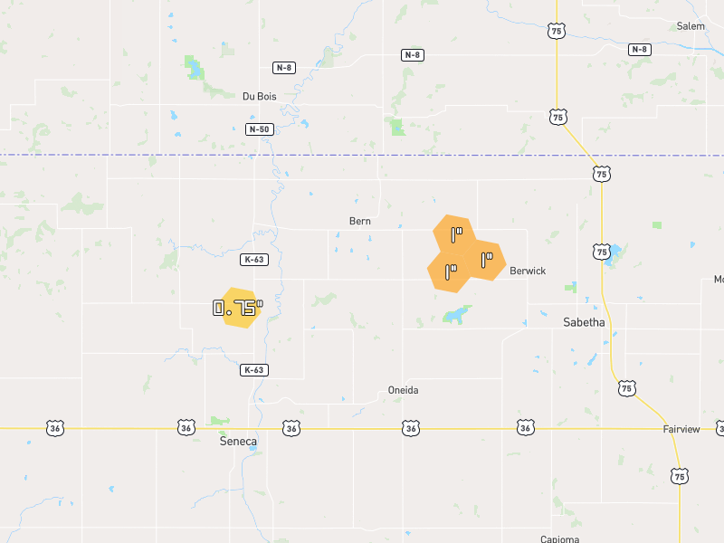 Hail map of Seneca, KS on Jun 6, 2026, hail up to 1"