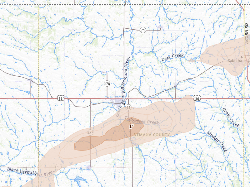 Radar-estimated hail-size map of the storm over Seneca, KS on Jun 10, 2026