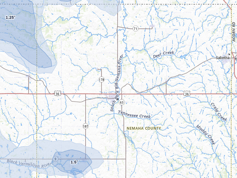 NEXRAD radar-signature map of the hail storm over Seneca, KS on Jul 3, 2026