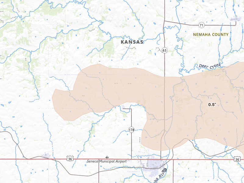 Radar-estimated hail-size map of the storm over Seneca, KS on Aug 19, 2026