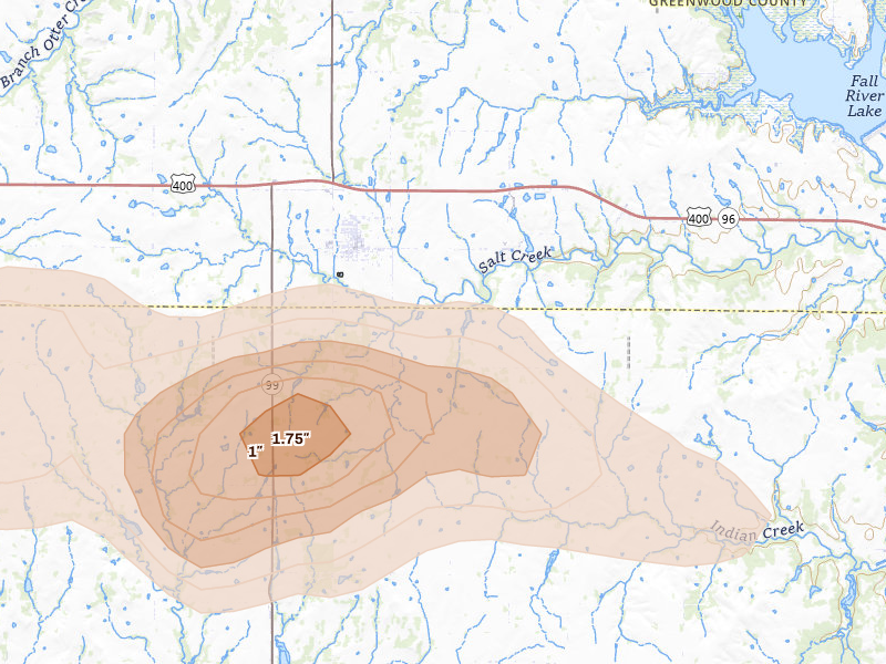 Radar-estimated hail-size map of the storm over Severy, KS on Aug 5, 2026