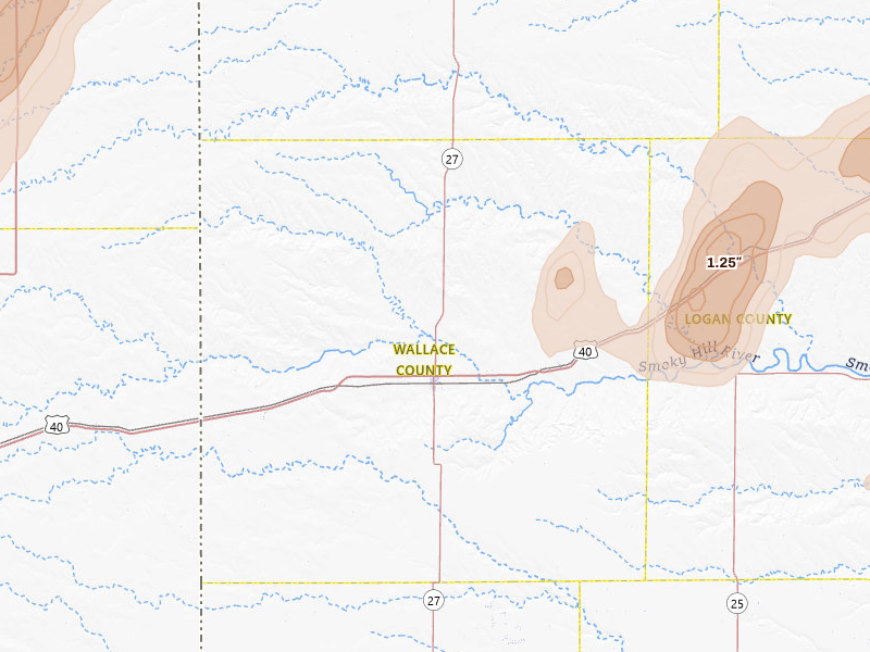 Radar-estimated hail-size map of the storm over Sharon Springs, KS on Jun 1, 2026
