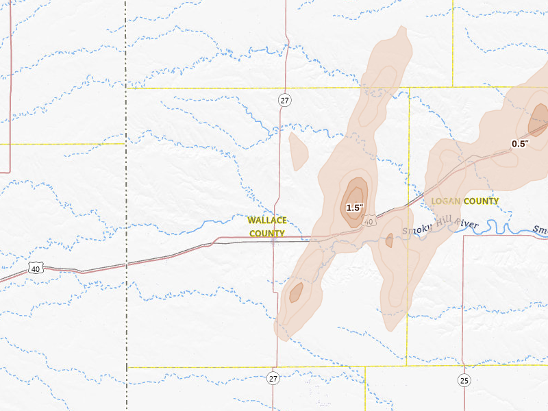 Radar-estimated hail-size map of the storm over Sharon Springs, KS on Jun 30, 2026