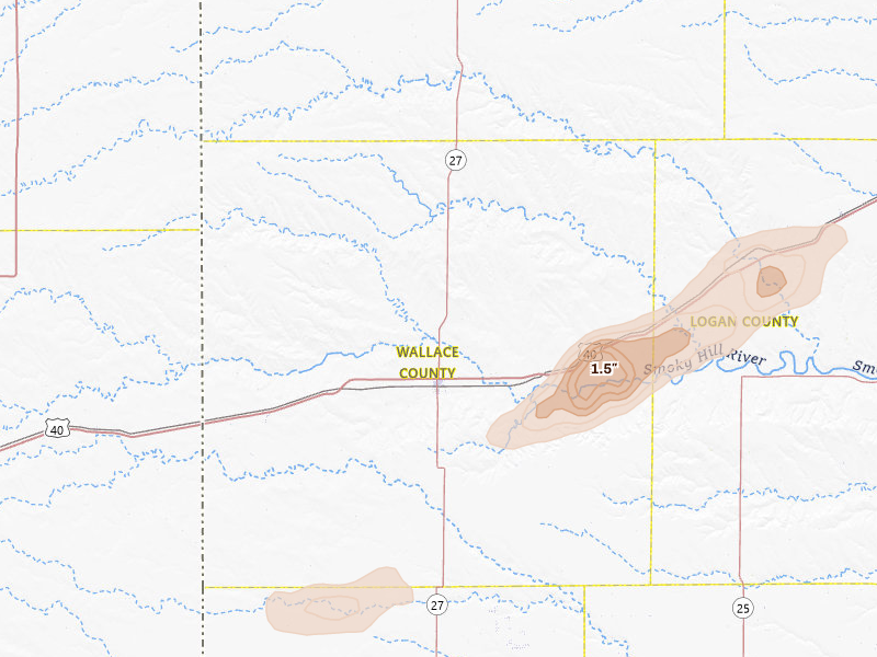 Radar-estimated hail-size map of the storm over Sharon Springs, KS on Jul 23, 2026