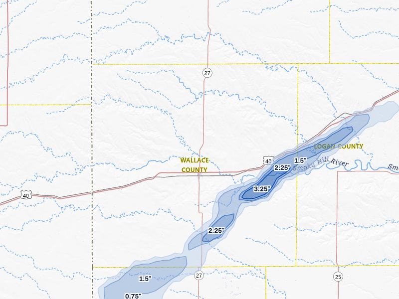 NEXRAD radar-signature map of the hail storm over Sharon Springs, KS on Jul 23, 2026