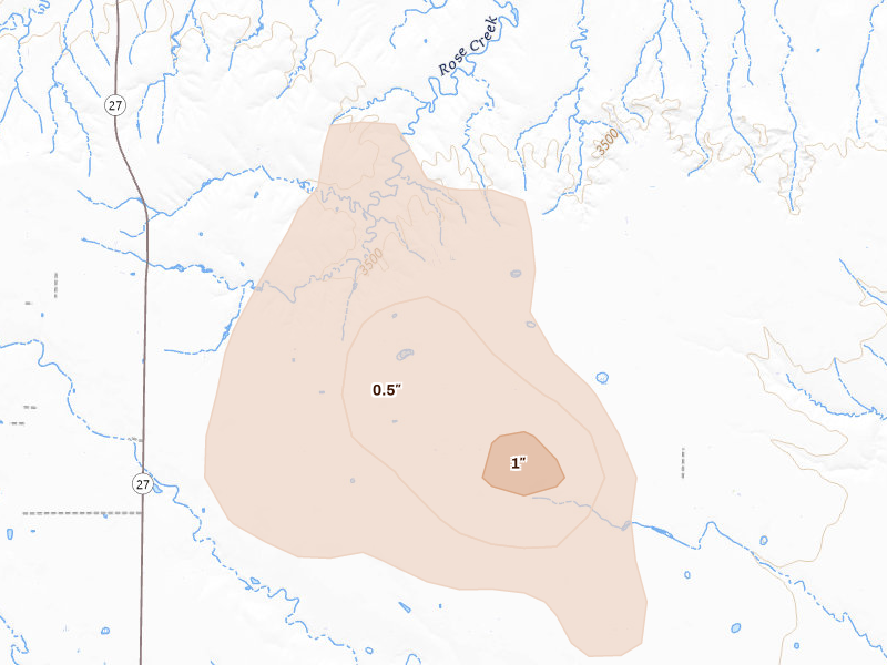 Radar-estimated hail-size map of the storm over Sharon Springs, KS on Aug 14, 2026