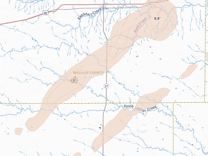 Radar-estimated hail-size map of the storm over Sharon Springs, KS on Aug 30, 2026