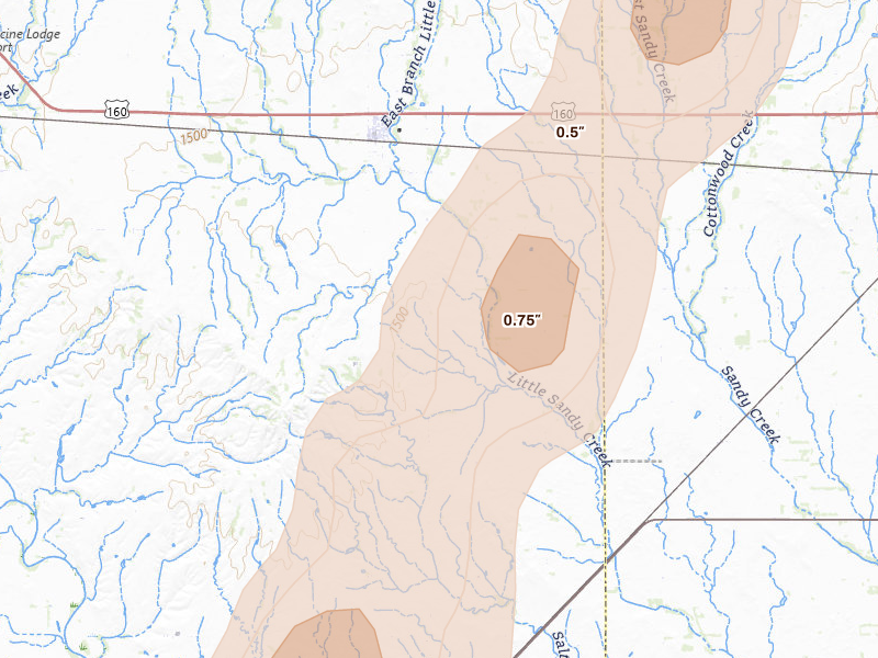 Radar-estimated hail-size map of the storm over Sharon, KS on Mar 5, 2026