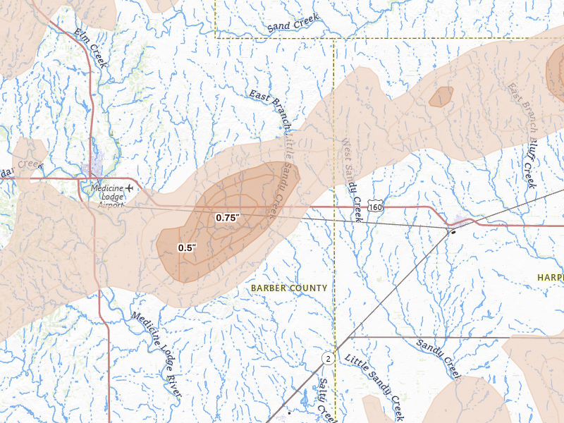 Radar-estimated hail-size map of the storm over Sharon, KS on Mar 10, 2026