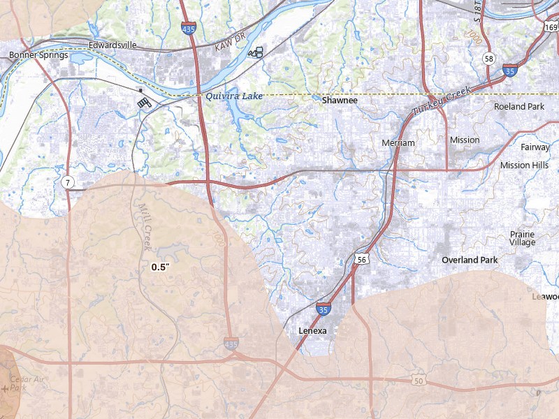 Radar-estimated hail-size map of the storm over Shawnee, KS on Apr 26, 2026