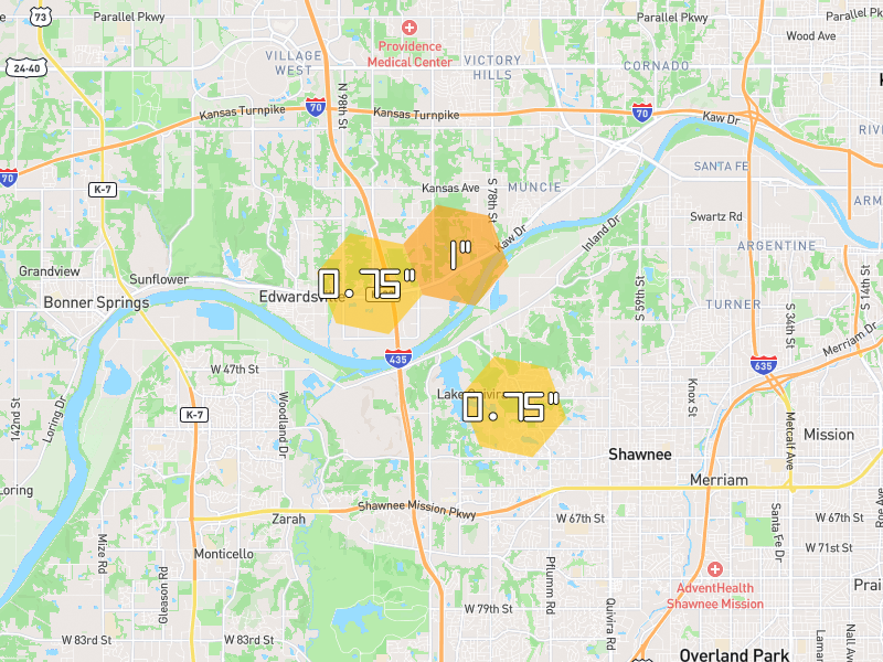 Hail map of Shawnee, KS on Jun 1, 2026, hail up to 1"