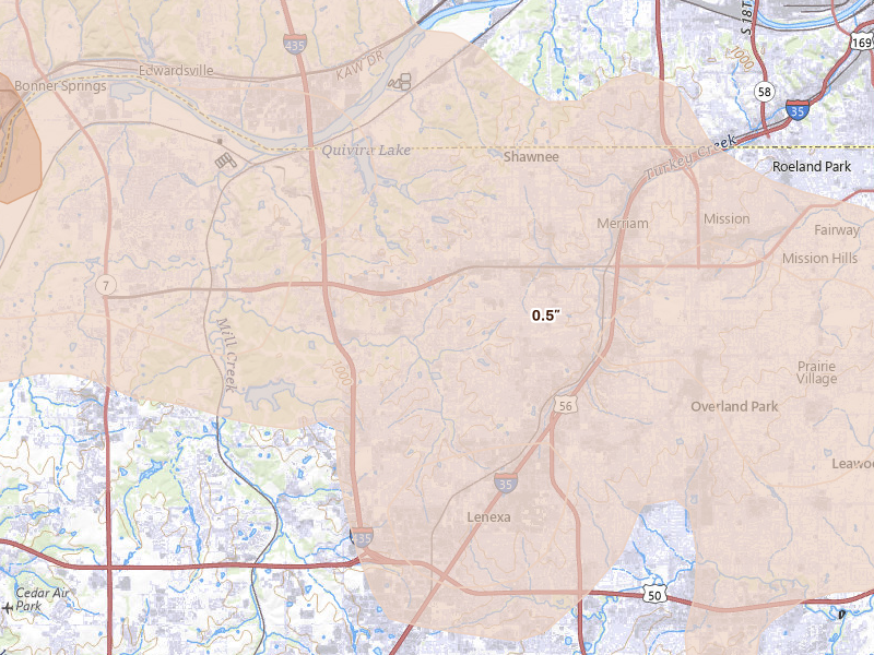 Radar-estimated hail-size map of the storm over Shawnee, KS on Jul 8, 2026