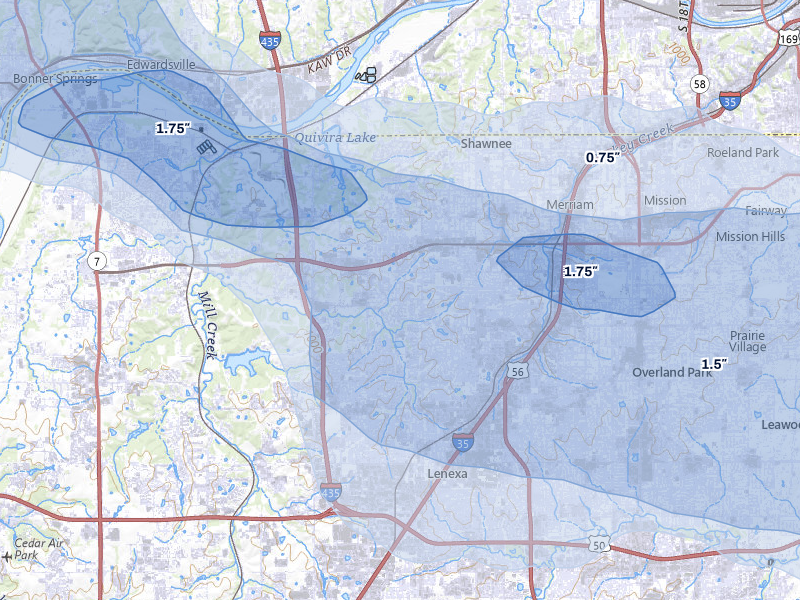NEXRAD radar-signature map of the hail over Shawnee, KS