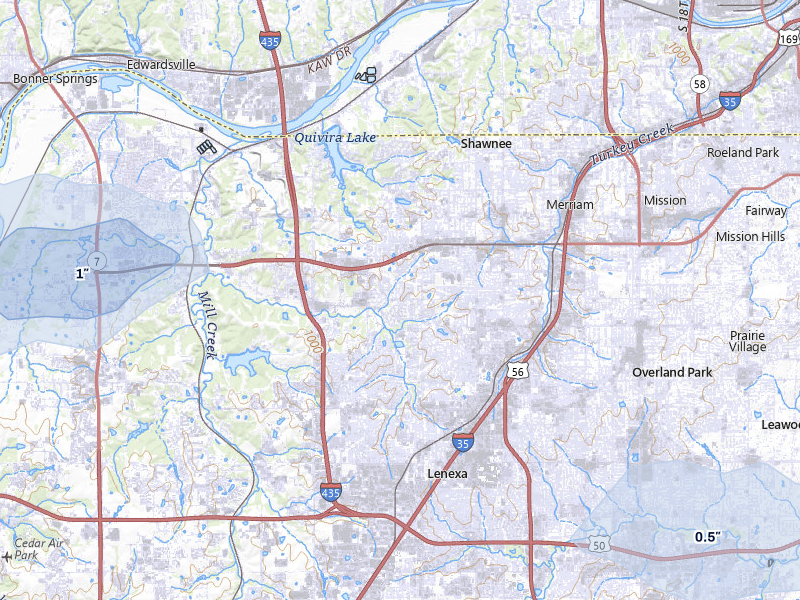 NEXRAD radar-signature map of the hail storm over Shawnee, KS on Jul 9, 2026