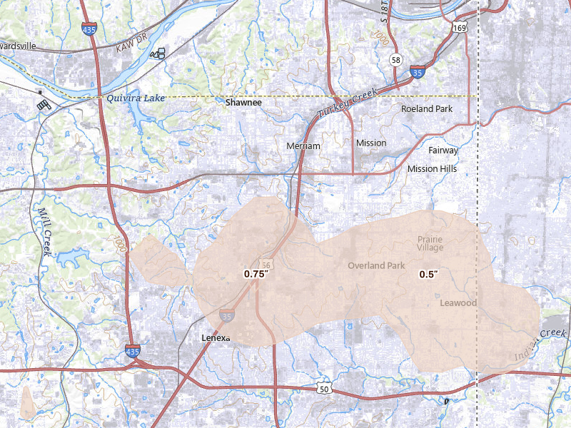 Radar-estimated hail-size map of the storm over Shawnee, KS on Aug 5, 2026