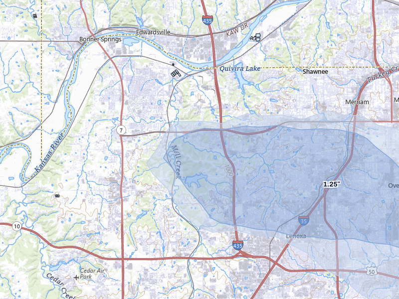 NEXRAD radar-signature map of the hail storm over Shawnee, KS on Aug 5, 2026