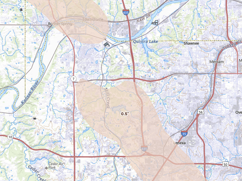 Radar-estimated hail-size map of the storm over Shawnee, KS on Aug 21, 2026