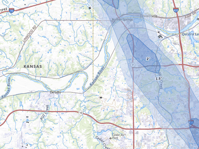NEXRAD radar-signature map of the hail storm over Shawnee, KS on Aug 21, 2026