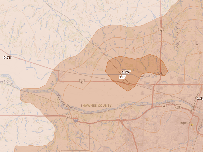 Radar-estimated hail-size map of the storm over Silver Lake, KS on Apr 26, 2026