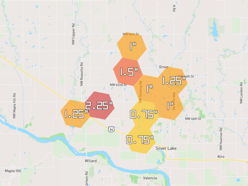 Hail map of Silver Lake, KS on Jun 1, 2026, hail up to 2.25"