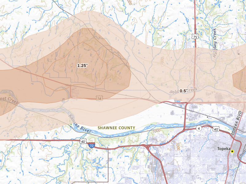 Radar-estimated hail-size map of the storm over Silver Lake, KS on Aug 14, 2026