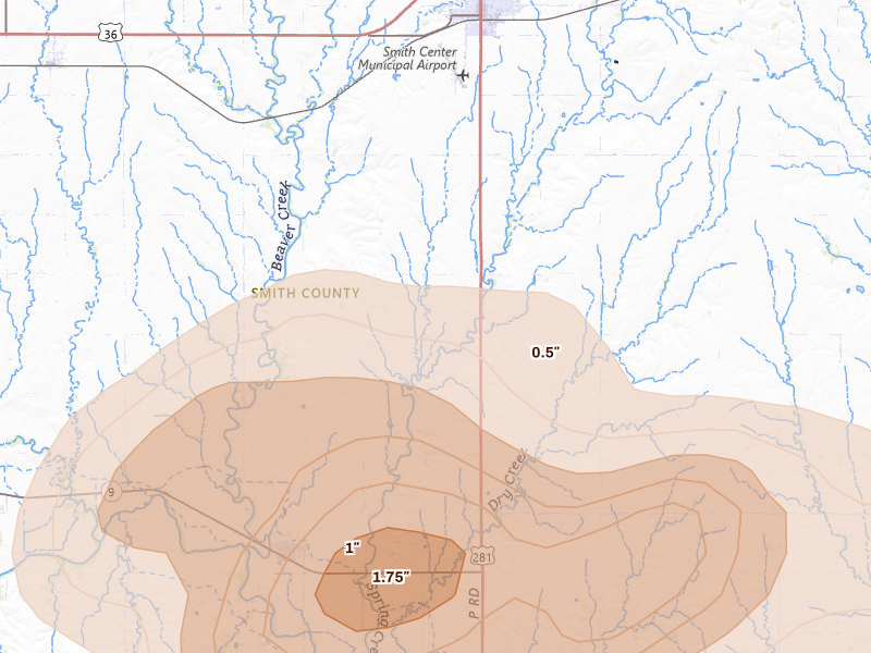 Radar-estimated hail-size map of the storm over Smith Center, KS on Apr 25, 2026