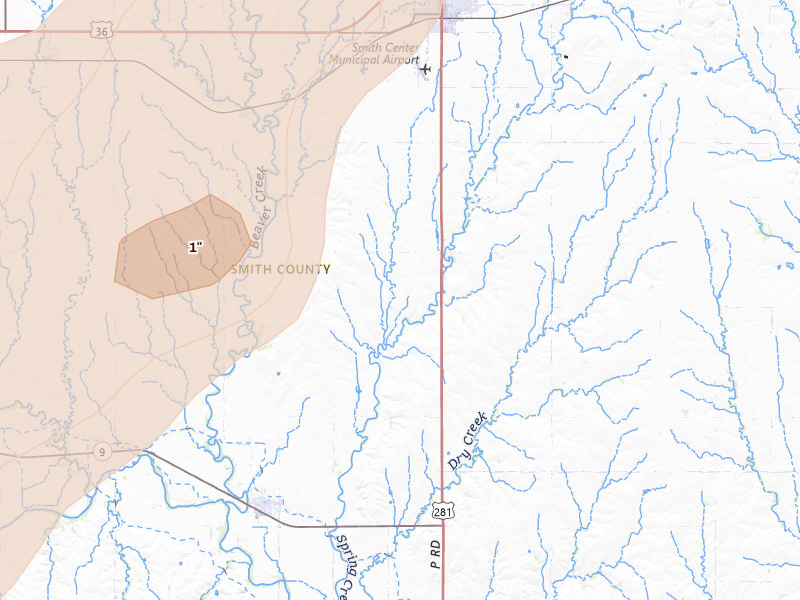 Radar-estimated hail-size map of the storm over Smith Center, KS on May 16, 2026