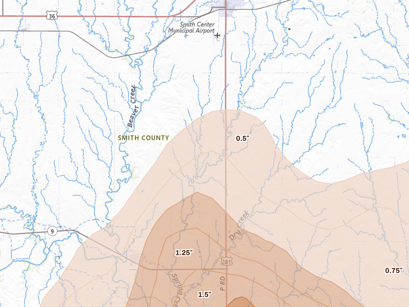 Radar-estimated hail-size map of the storm over Smith Center, KS on Jun 8, 2026