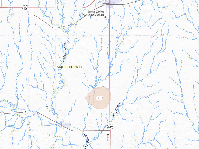 Radar-estimated hail-size map of the storm over Smith Center, KS on Jul 10, 2026