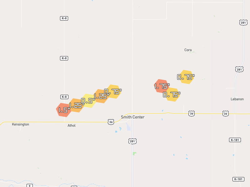 Hail map of Smith Center, KS on Jul 28, 2026, hail up to 1.75"