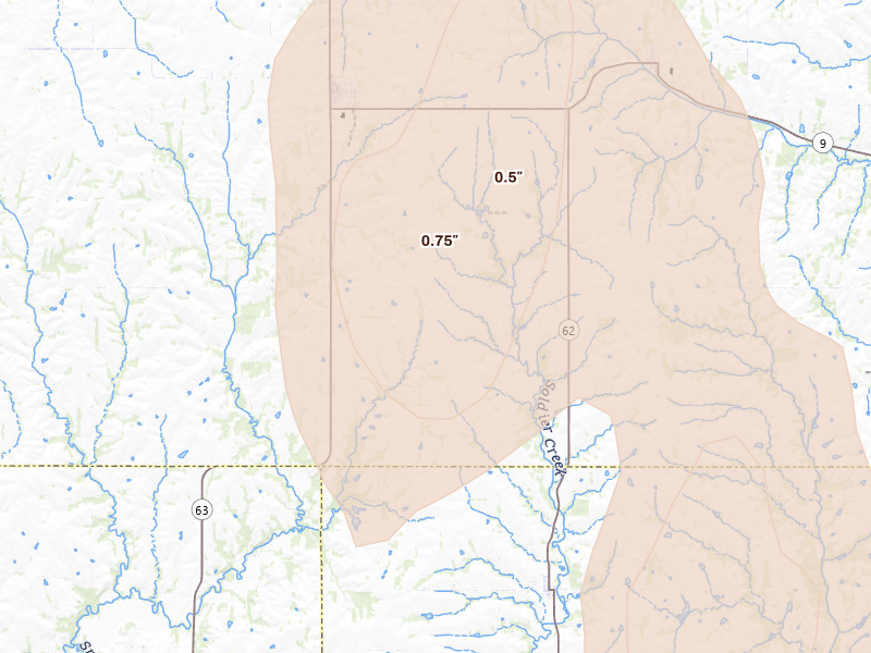 Radar-estimated hail-size map of the storm over Soldier, KS on May 17, 2026