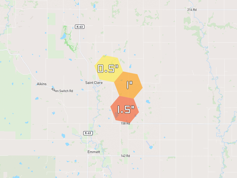 Hail map of Soldier, KS on Jun 6, 2026, hail up to 1.5"
